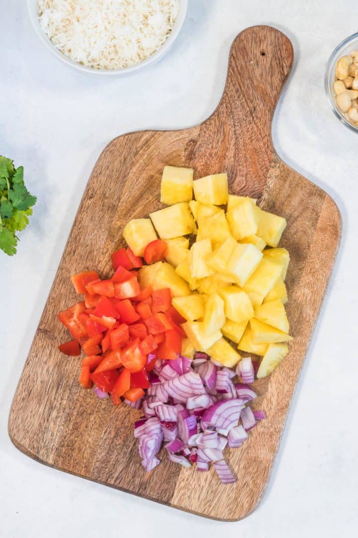 Chopped ingredients on wooden board