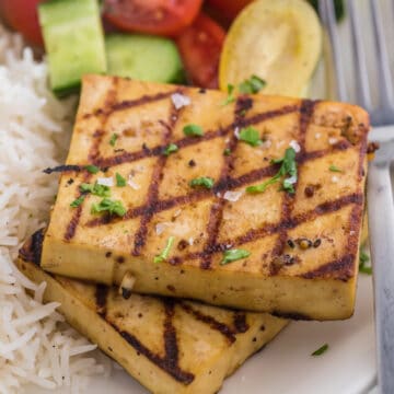 Grilled tofu close up.