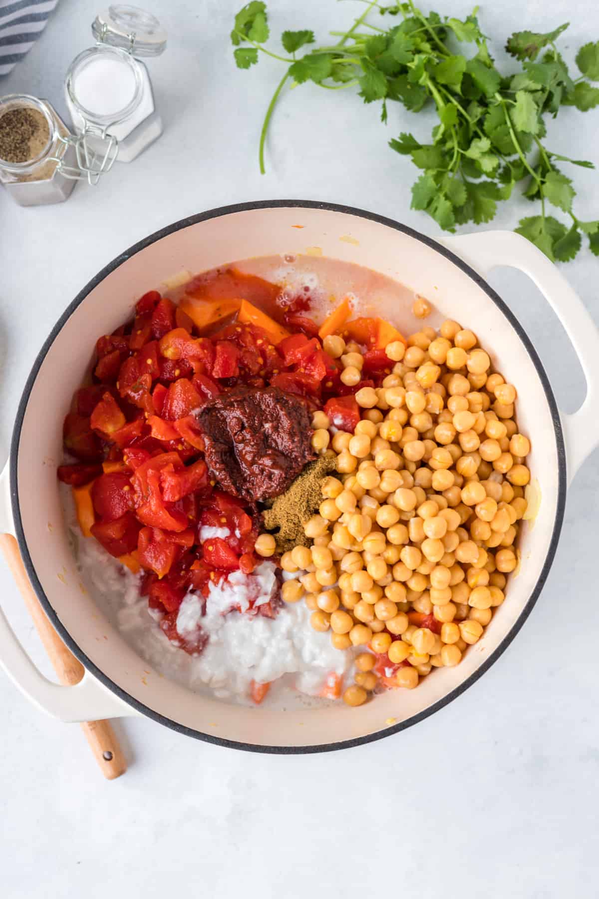 All the ingredients added to a large pot ready to cooked.