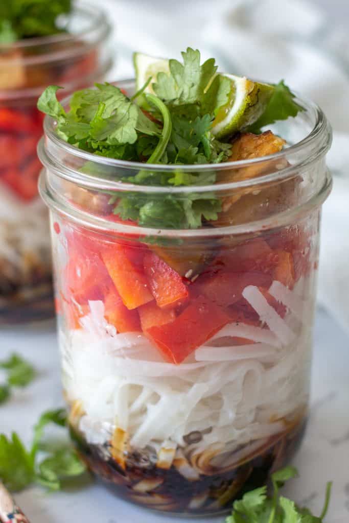 Tofu Vegan Drunken Noodle in layers in  a Mason Jar lunch