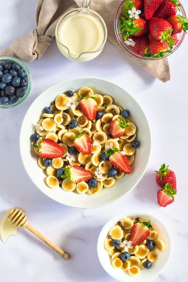 Mini Pancakes Cereal serve in a bowl top view