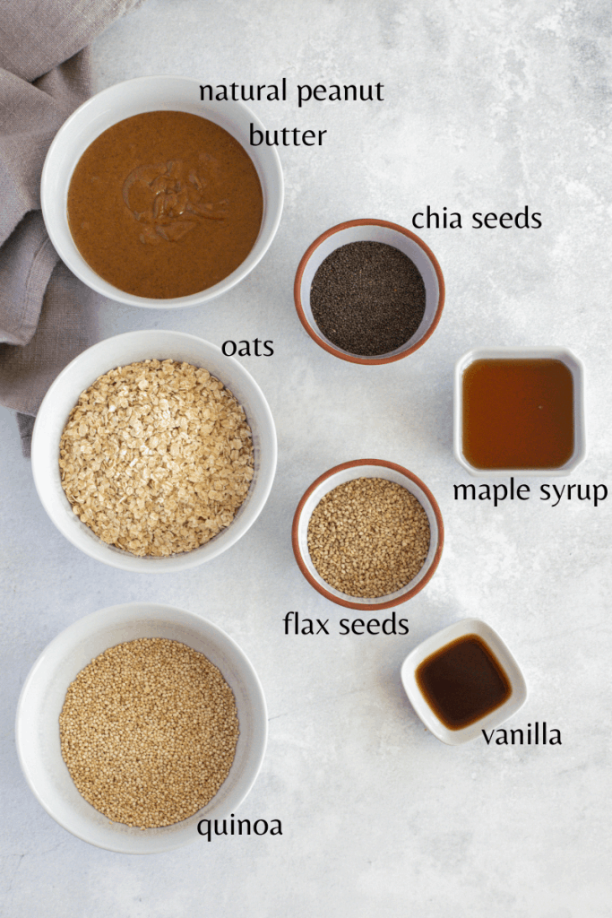 all the ingredients you need. Quinoa, oats, peanut butter, chia seeds, flax seeds, maple syrup and vanilla 