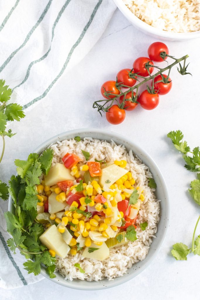 corn chowder over rice top view