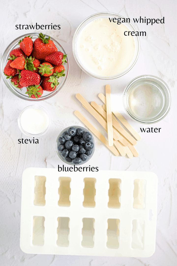 all the ingredients you need to male these berries popsicles with the mold and the sticks