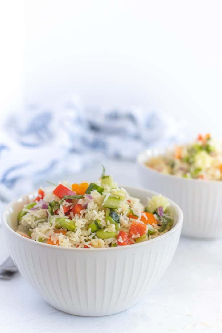 white bowl with basmati rice salad