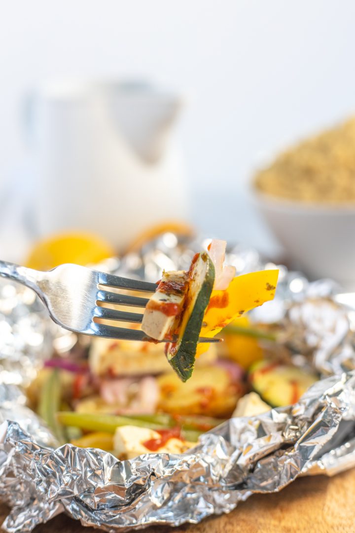 fork with tofu and veggies 