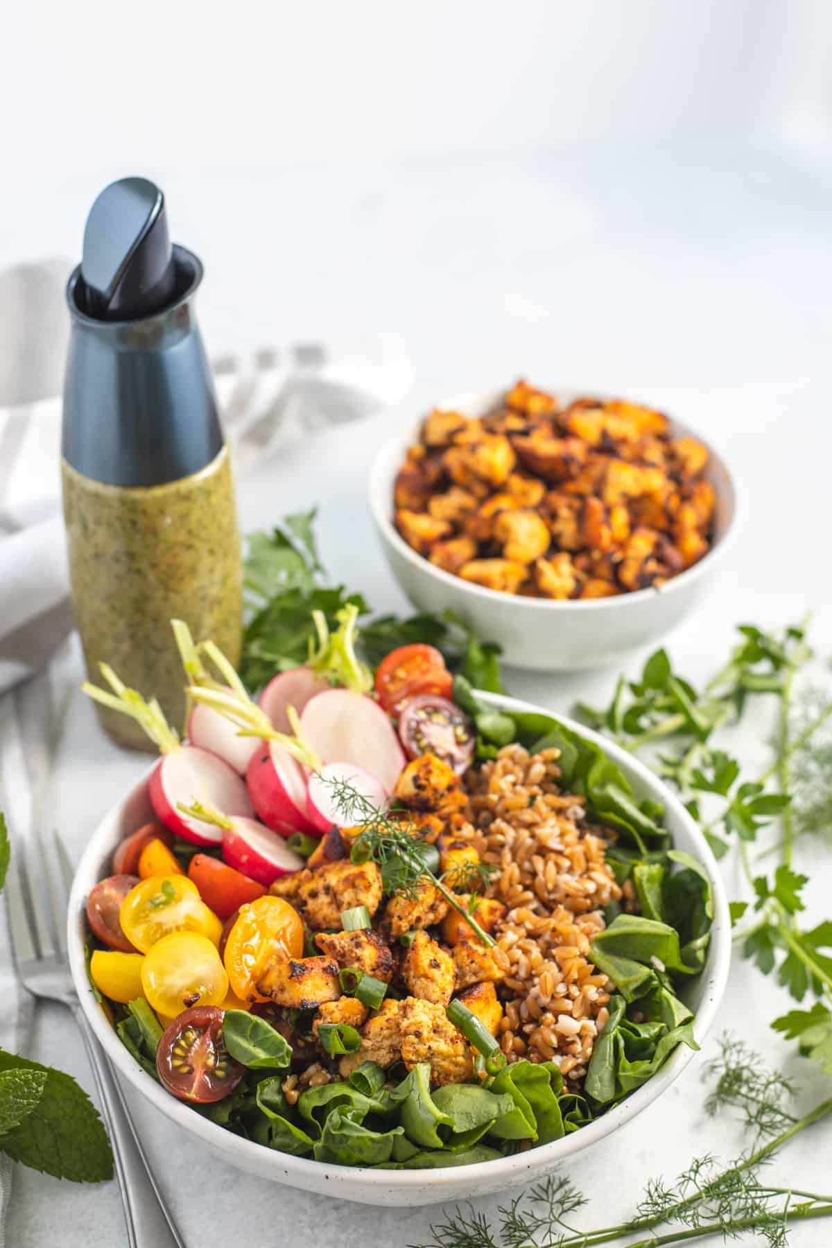 Farmers Market Farro Grain Bowl in a white bowl 