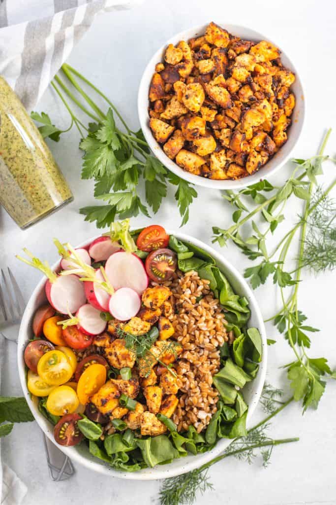 Farmers Market Farro Grain Bowl in a white bowl top view