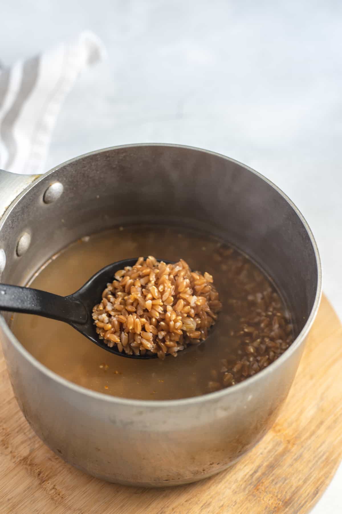 Cooked Farro Grain in a sauce pan with a spoon 