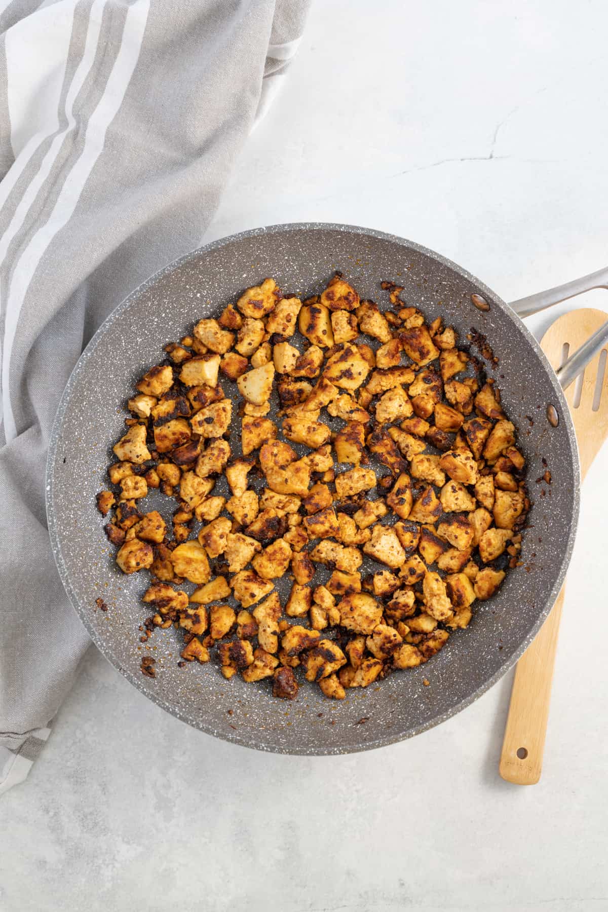 Cooked Savory Baked Tofu in a large skillet