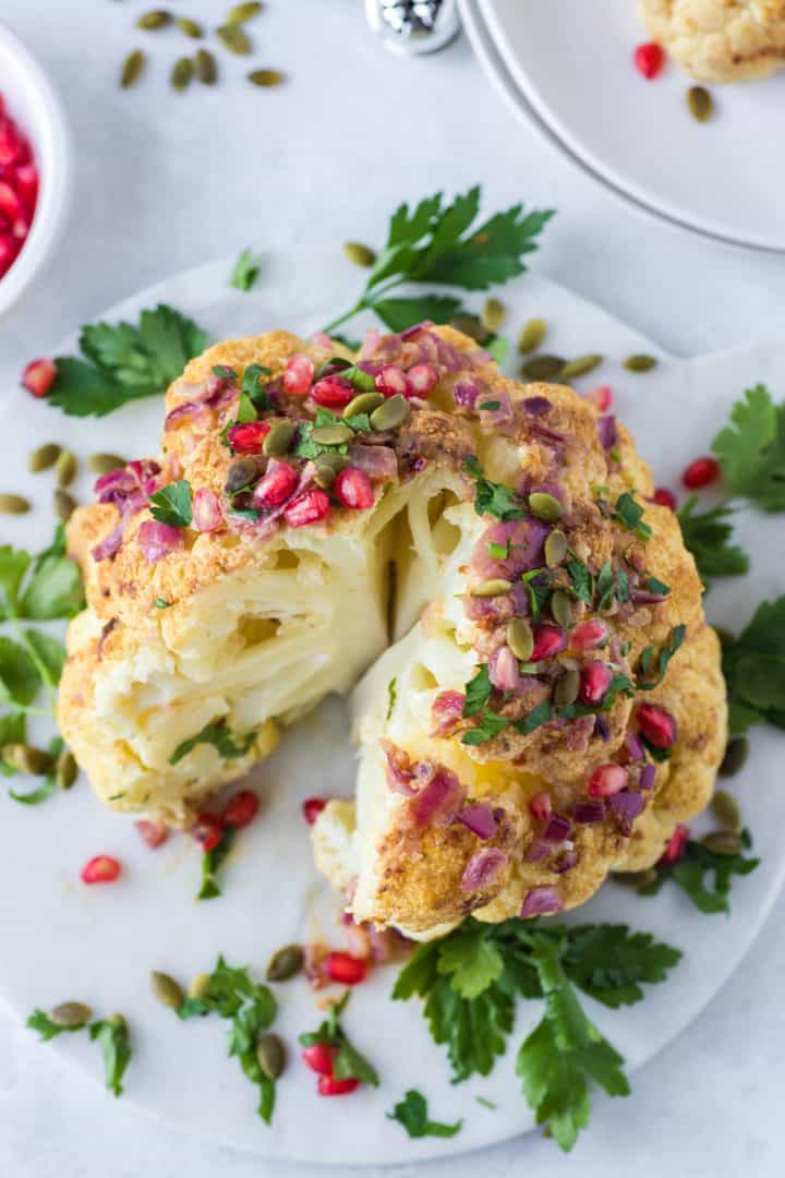 Whole Roasted Cauliflower tin a serving plate top view