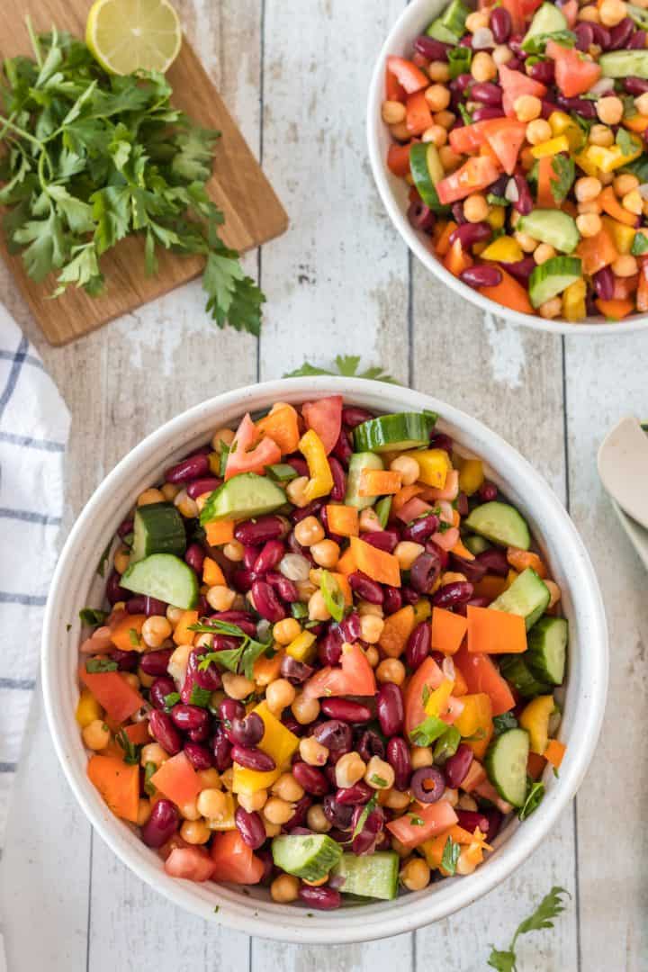 Vegan High Protein bean Salad serve in a bowl top view