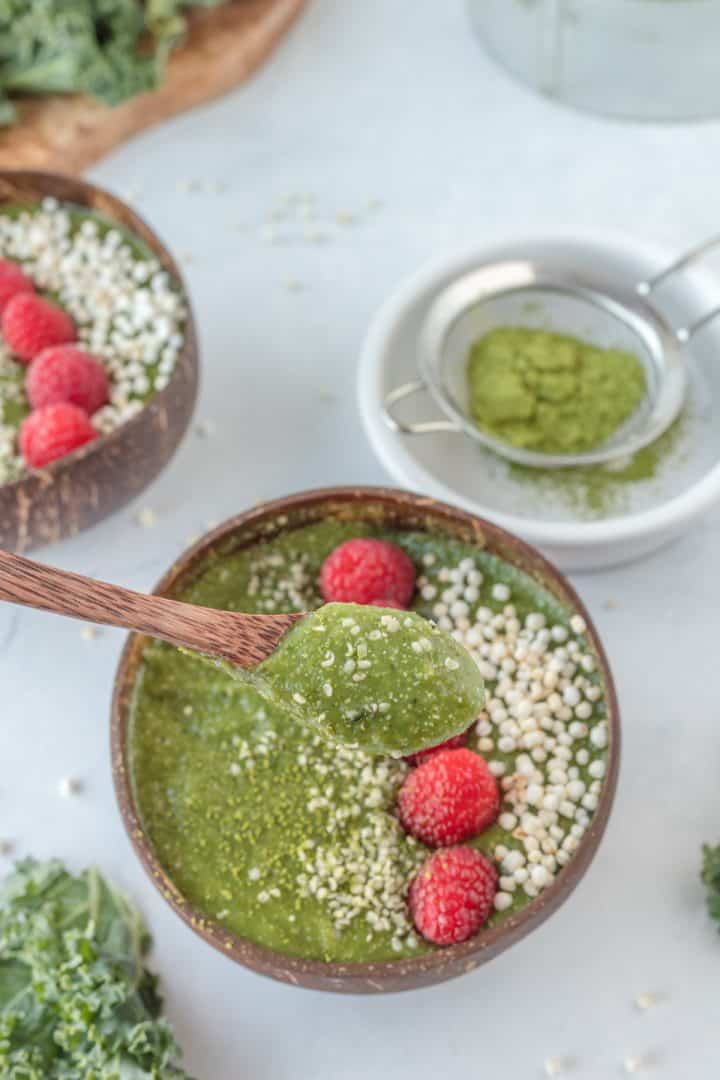 Spoonful of the matcha smoothie, top view.