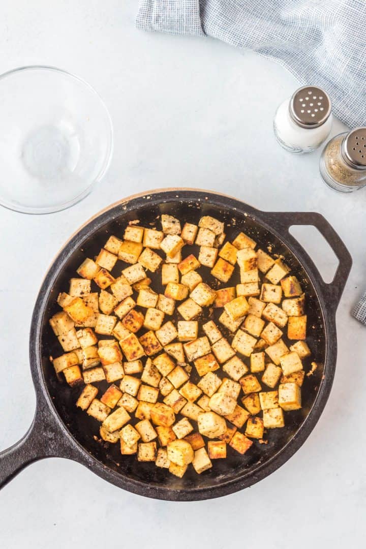 tofu cooked in a skillet.