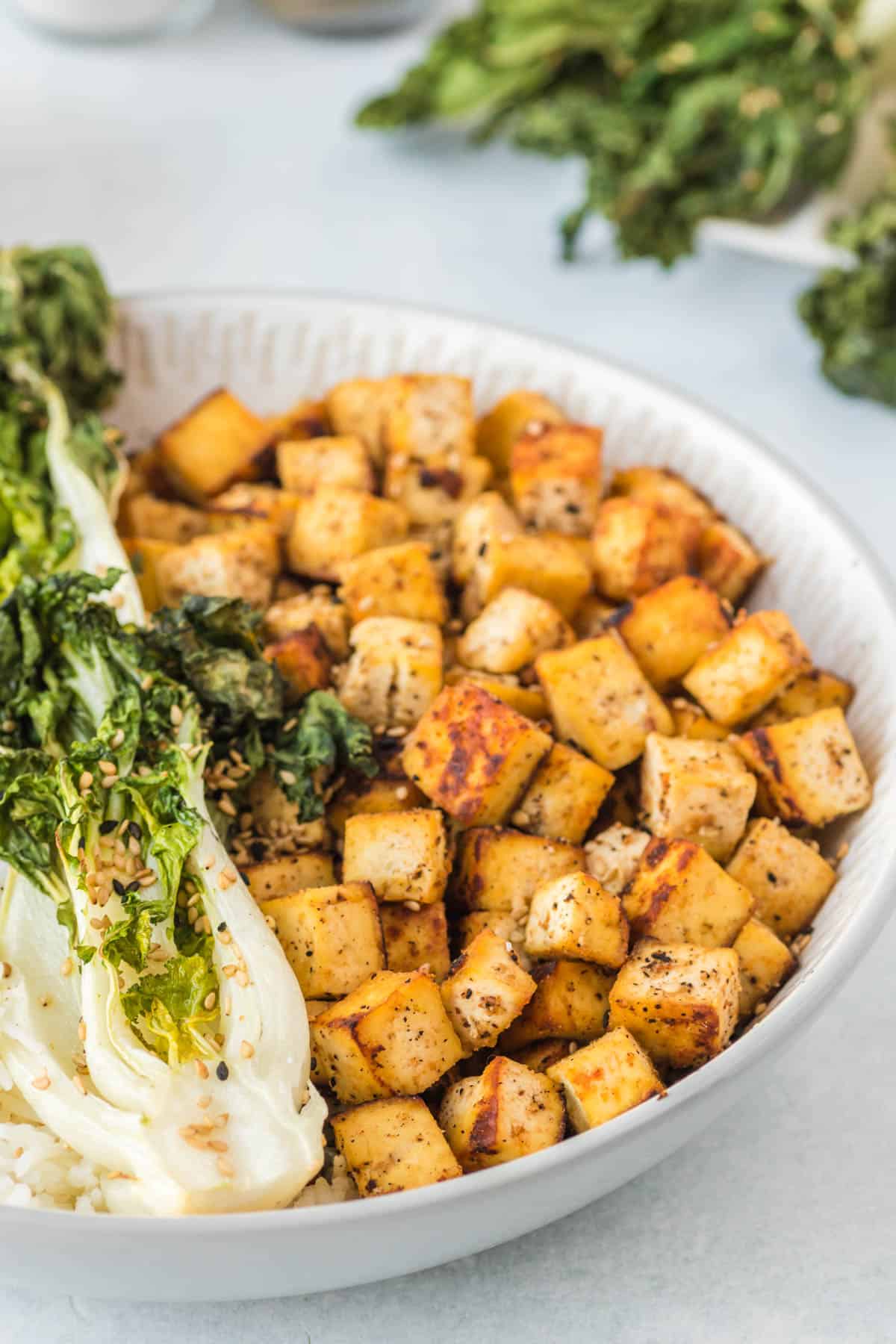 Tofu dans un bol avec bokchoy vue de proche.