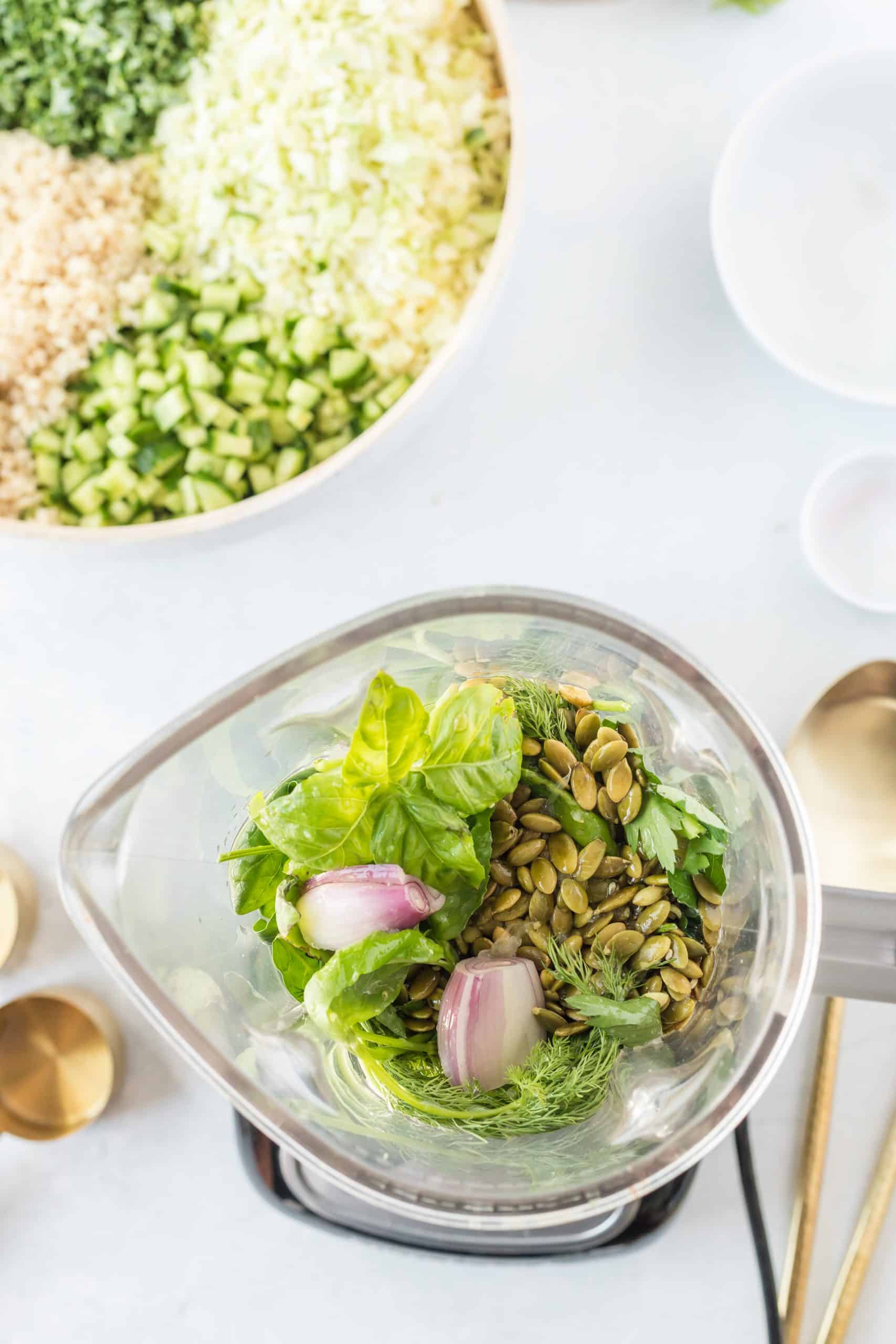 ingredients to make the dressing in the blender ready to be mix