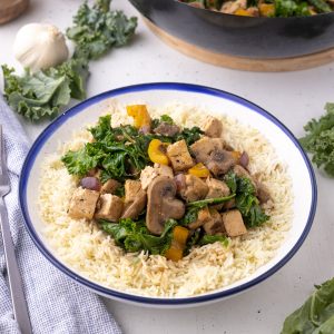 Teriyaki tofu Stir Fry in a bowl with rice.