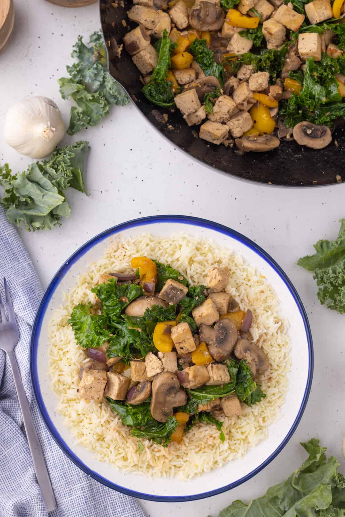 Teriyaki tofu Stir Fry in a bowl with rice.