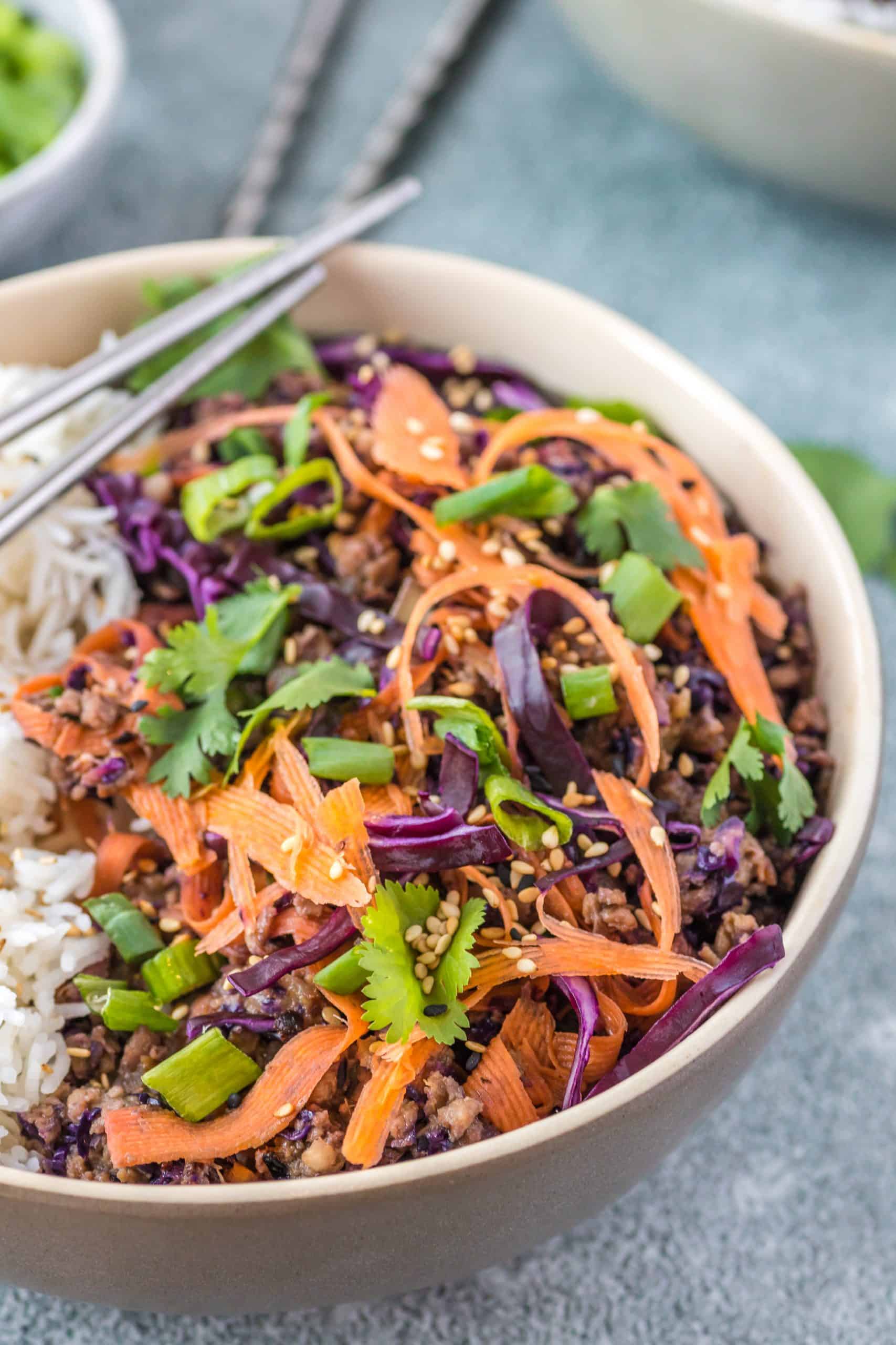 Inside out egg roll in a bowl close up