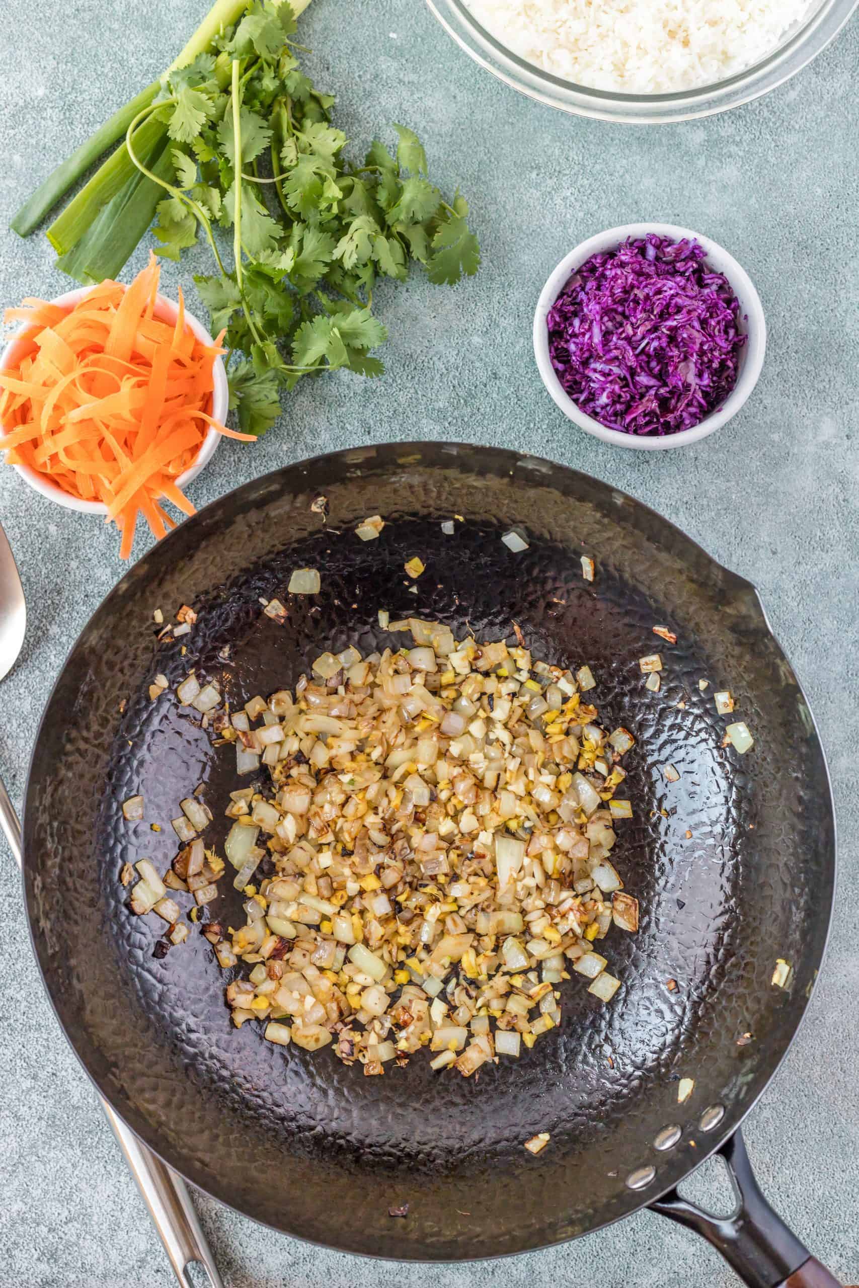 Cooked onion, ginger and garlic in a wok