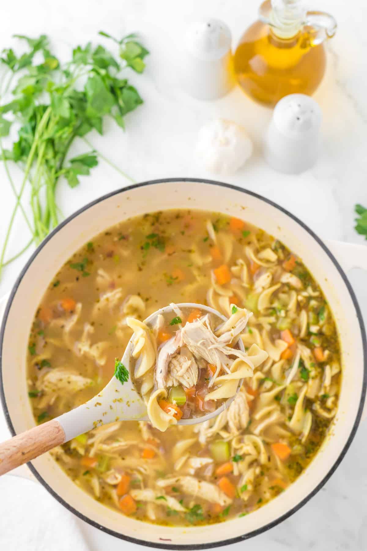 Dutch Oven chicken noodle soup with  spoon