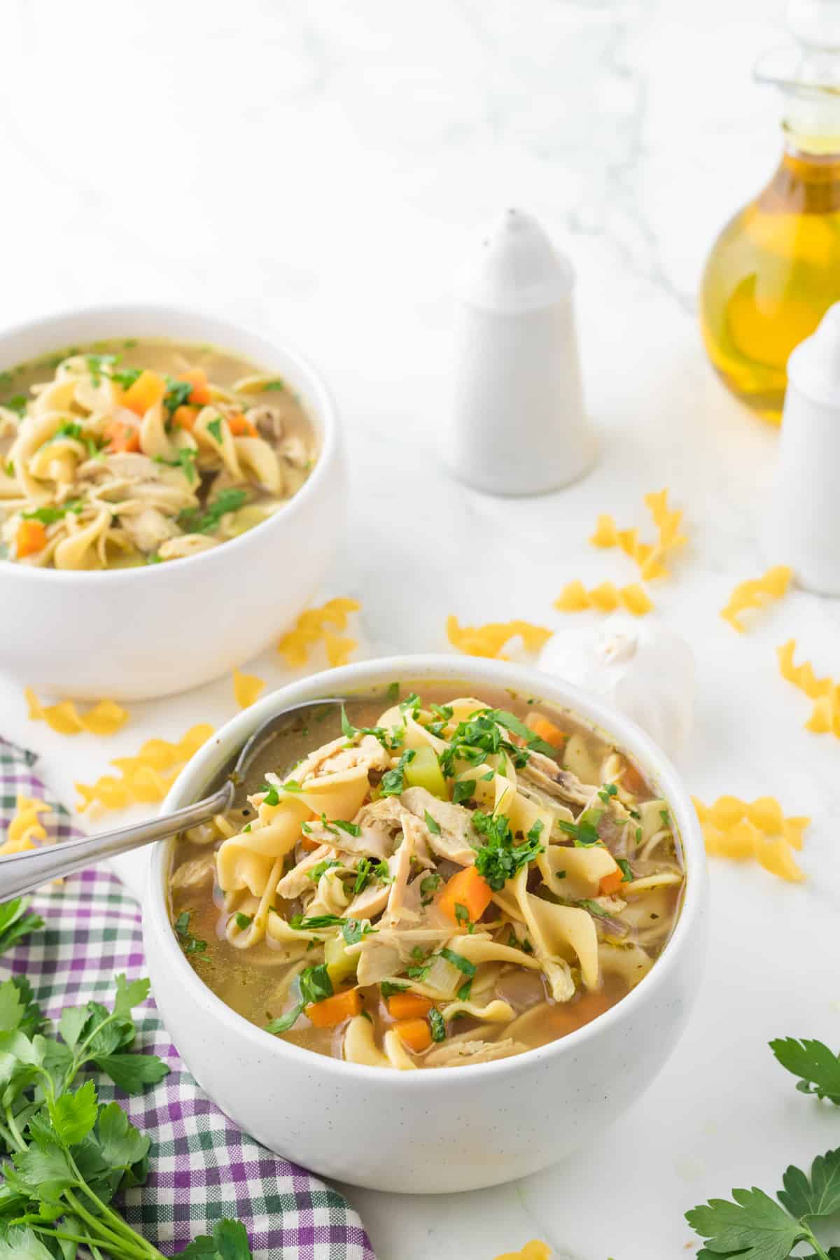 Ducth Oven Chicken noodle soup serve in a bowl with parsley on top.