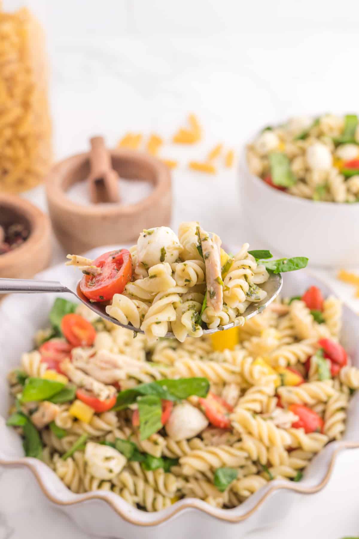 Spoonful with pasta salad.