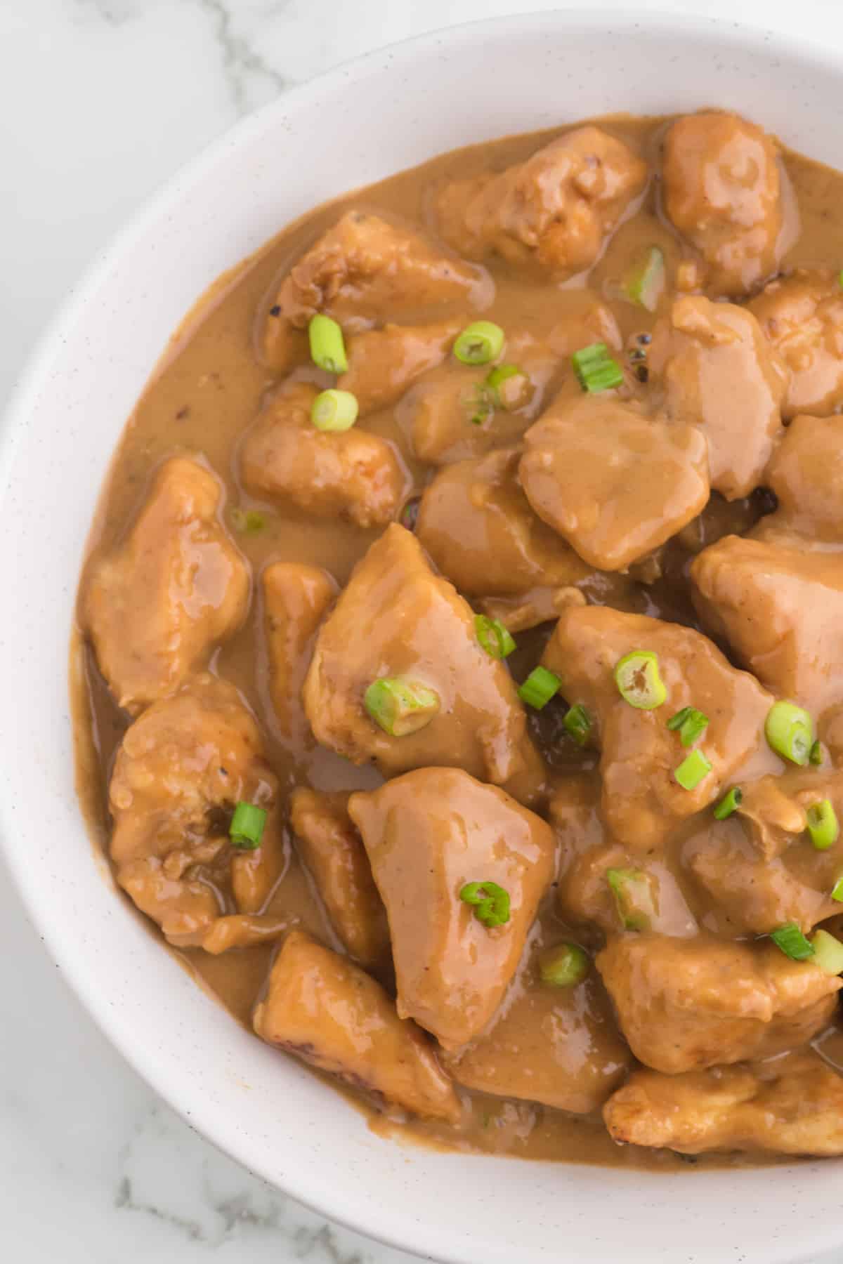 Chicken in a peanut sauce on a white bowl top view.