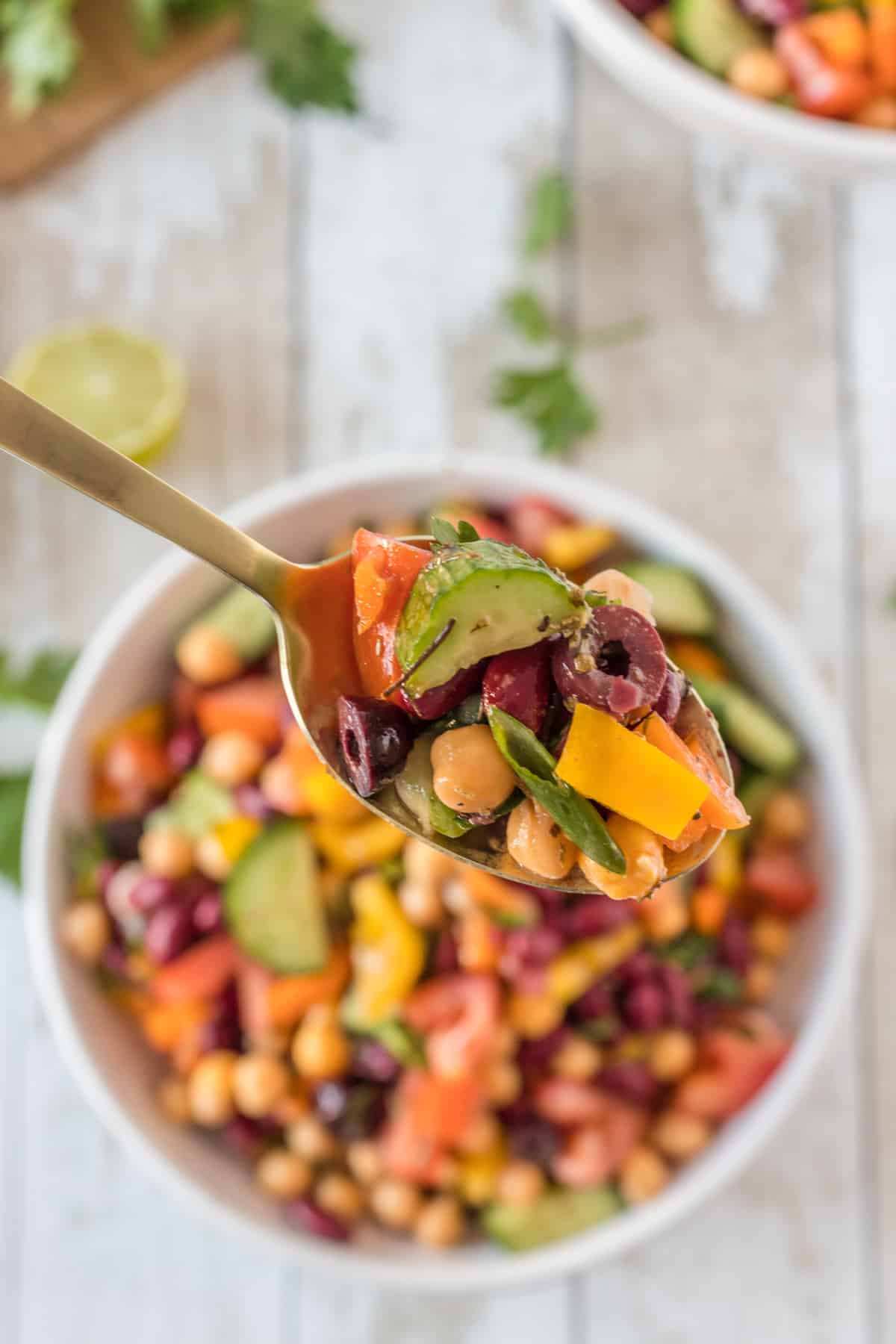 bean Salad serve in a bowl with spoon.