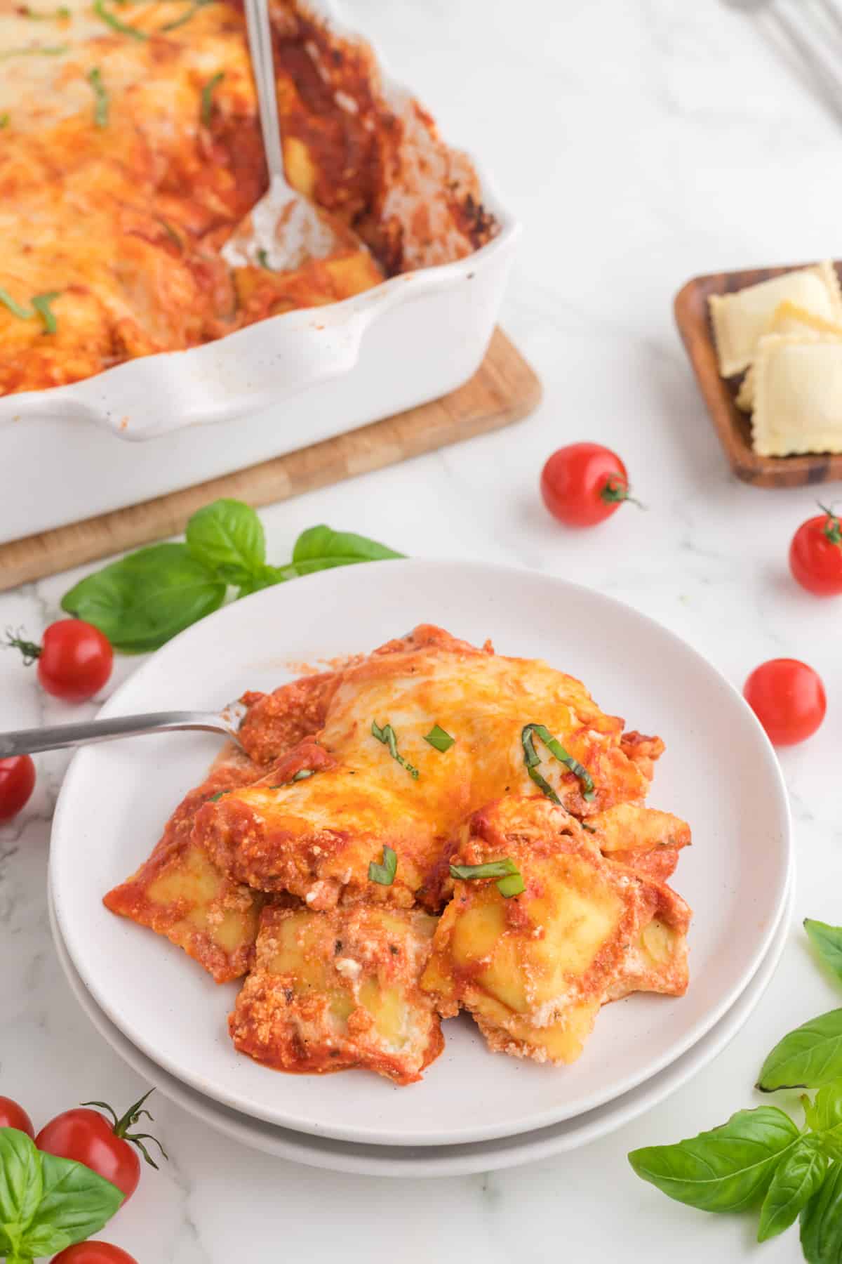 Ravioli serve in a white plate.