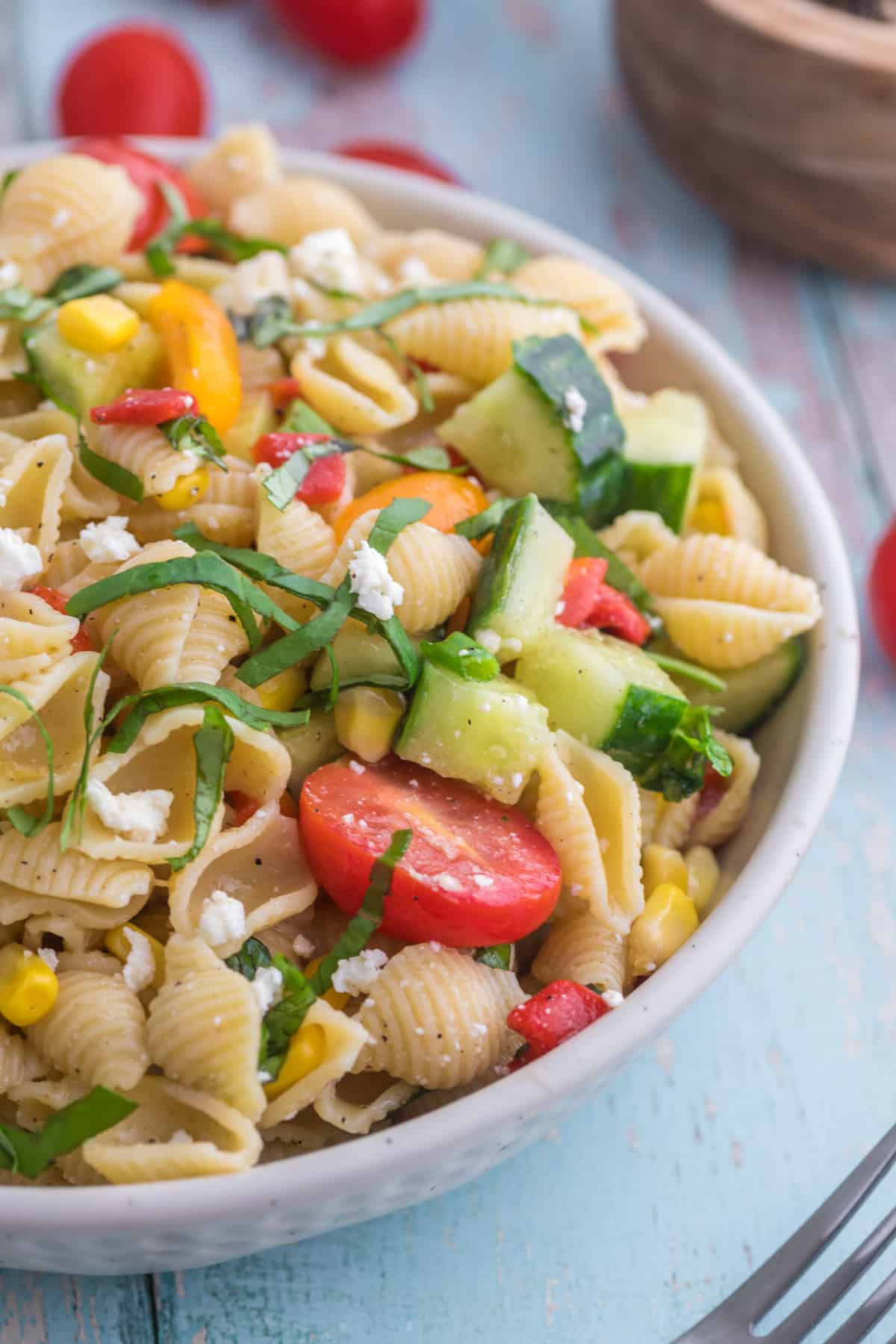 Close up view to the pasta salad.