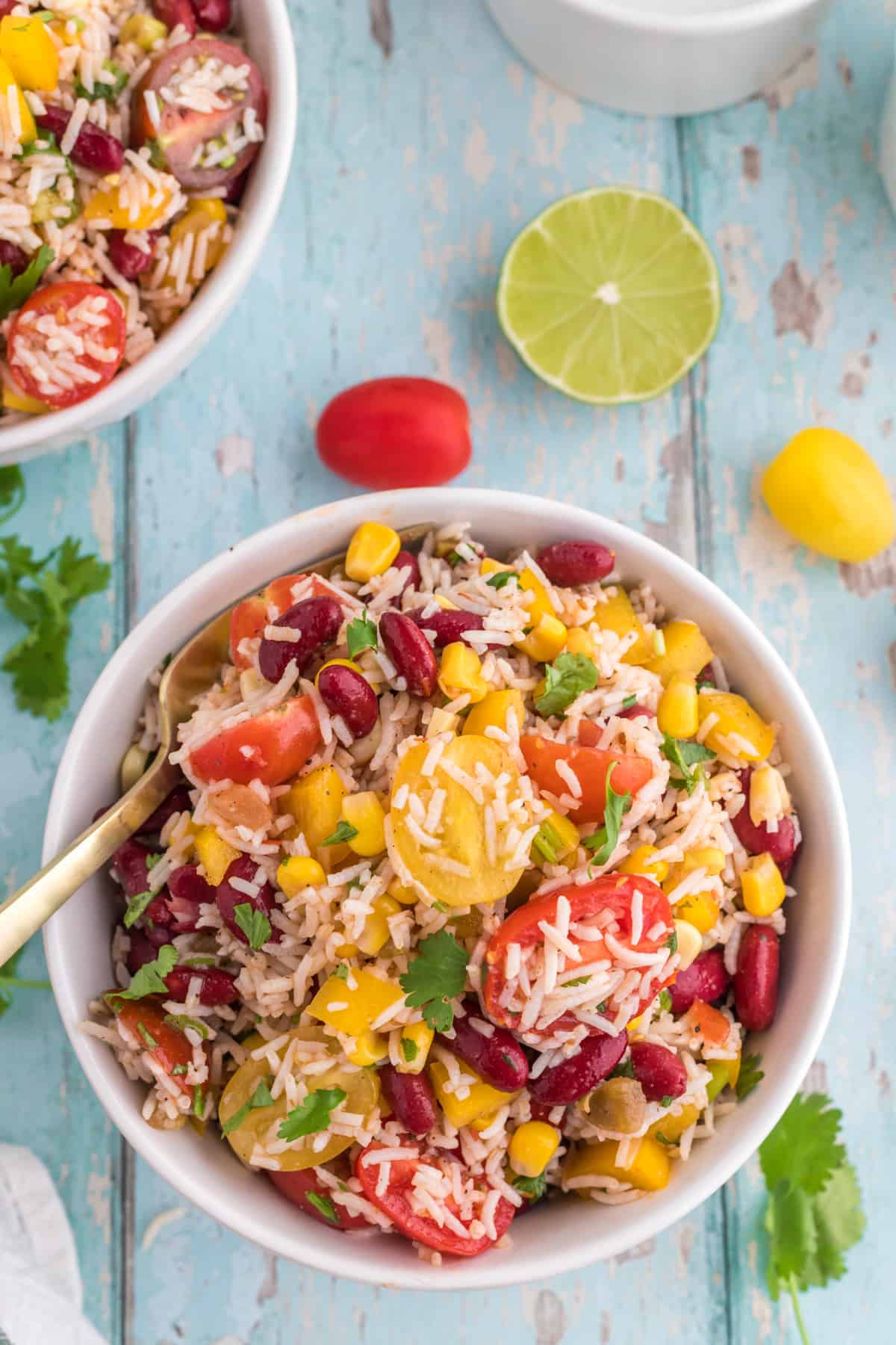 Cold Mexican Rice Salad serve in a white bowl view from the top.