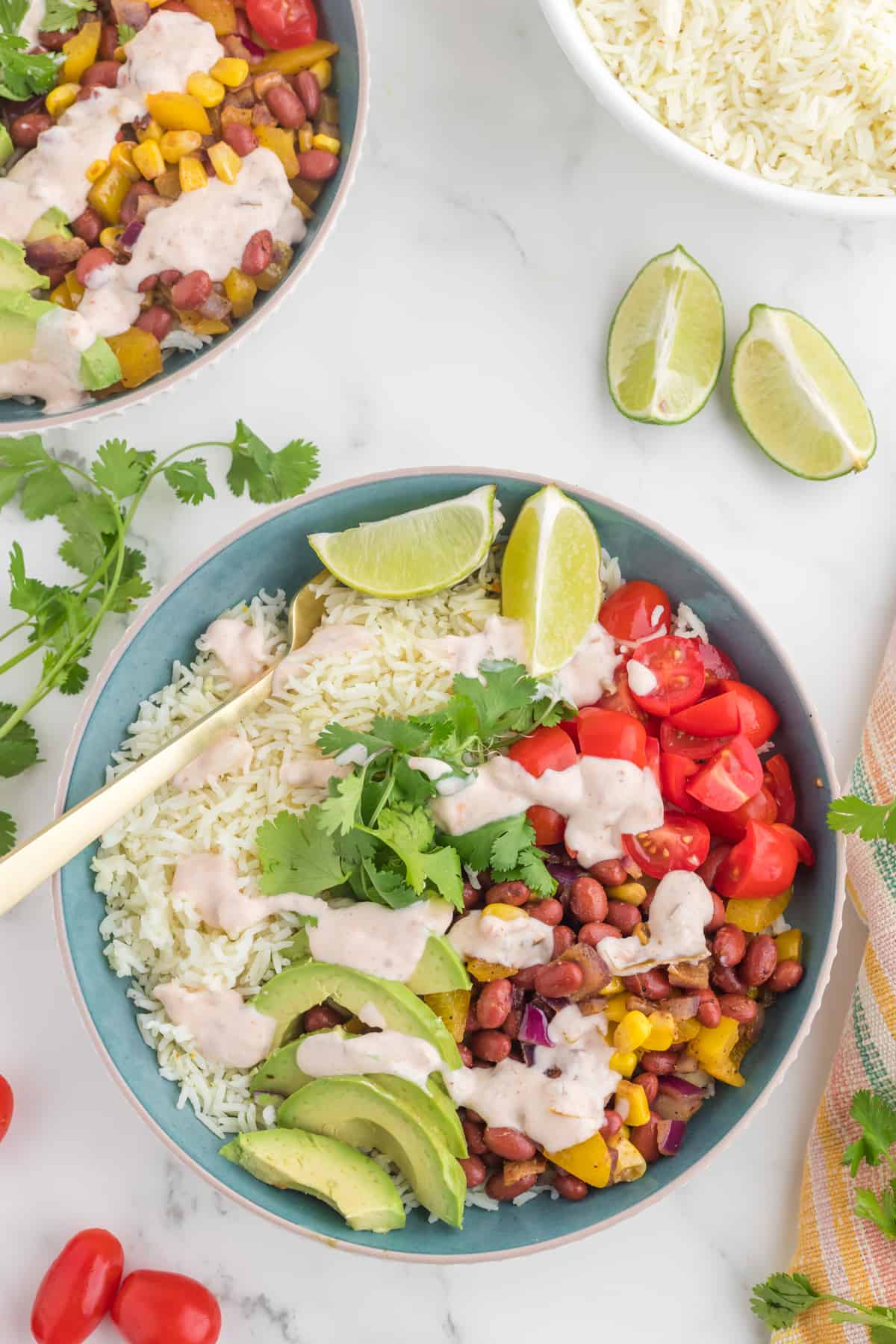 MEXICAN BUDDHA BOWL SERVE IN A BLUE BOWL TOP VIEW.