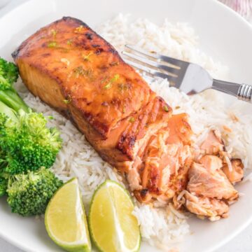 Salmon serve in a white plate with rice and broccoli.