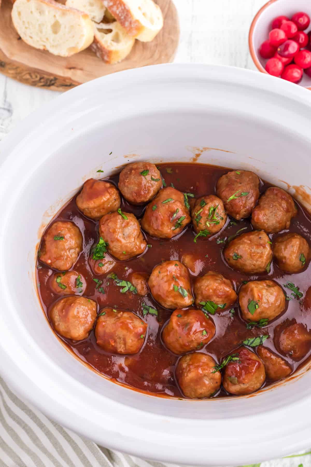 Cooked turkey meatballs in the slow cooker.
