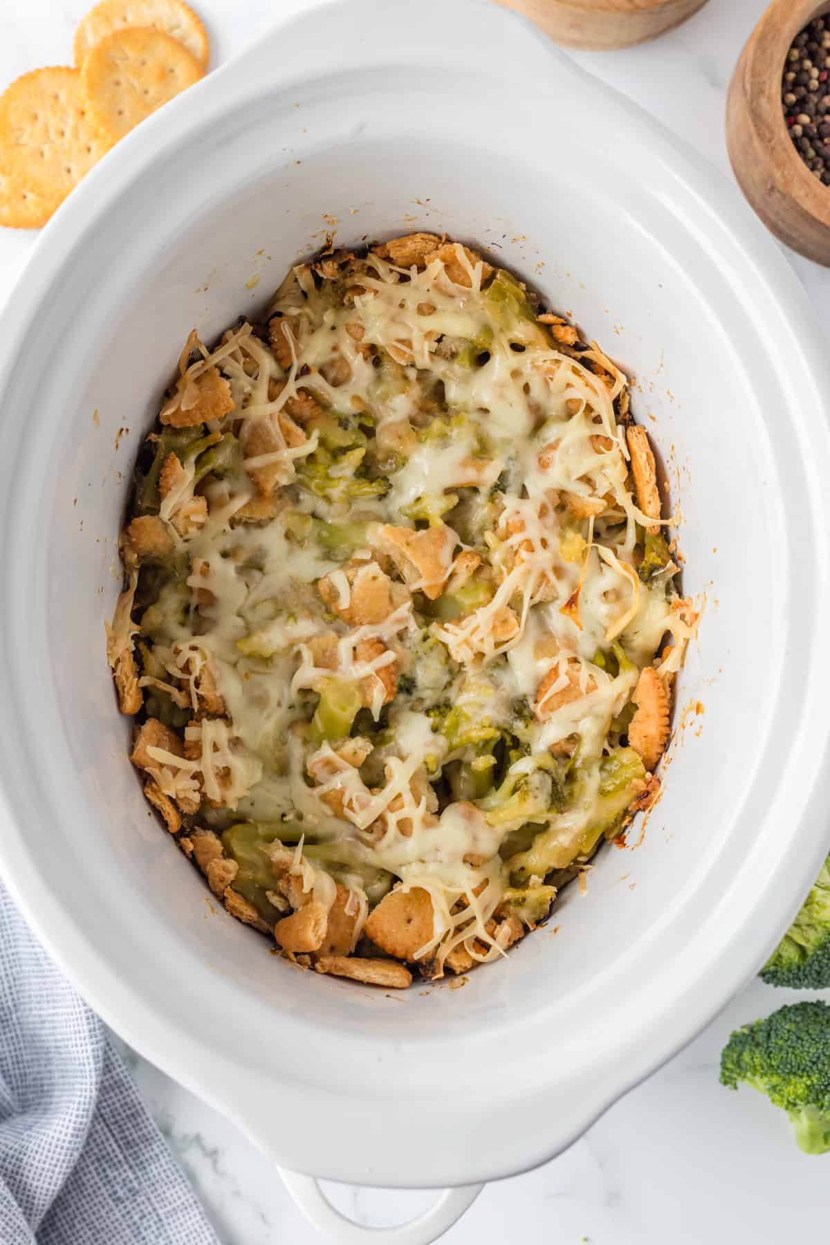 broccoli casserole in the crockpot ready to be serve.