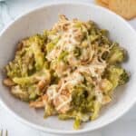 close up broccoli casserole serve in a bowl.