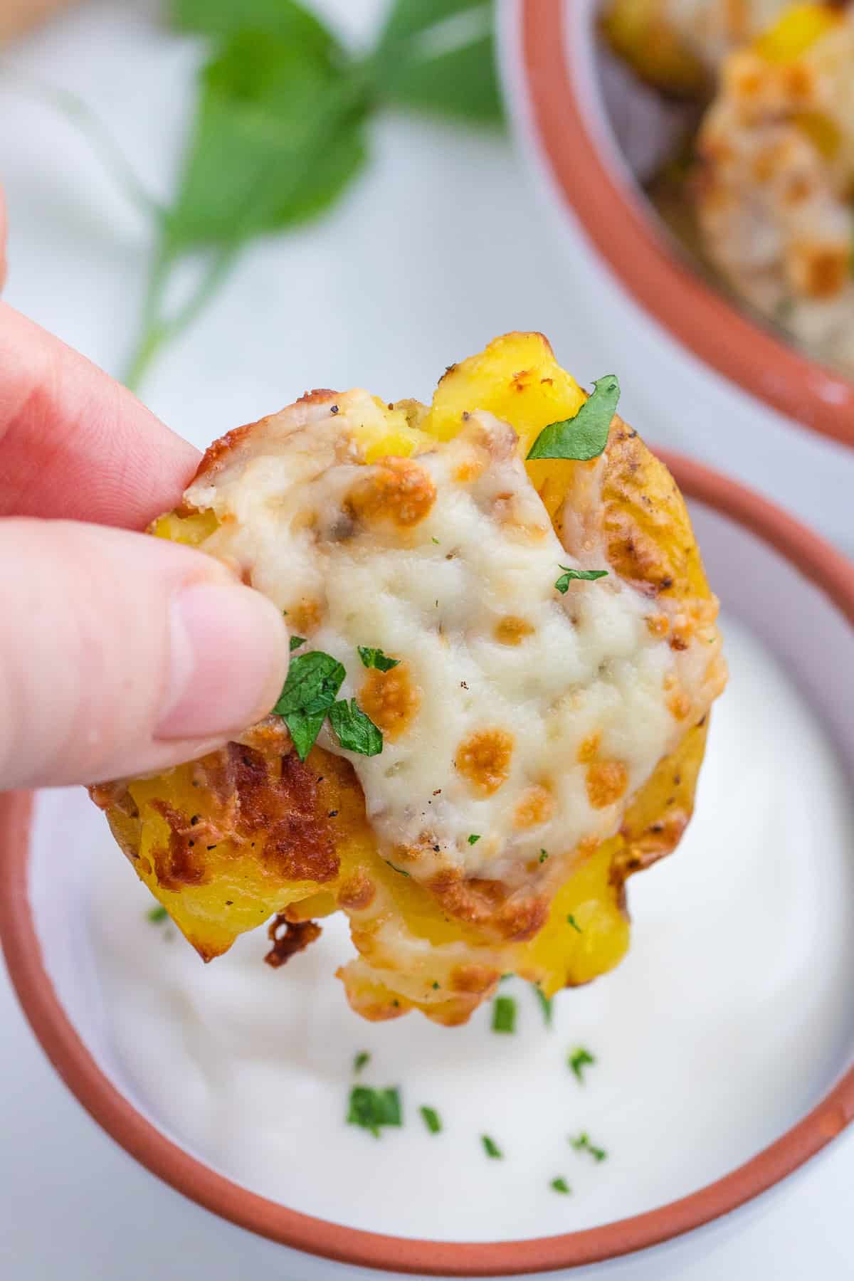 dipping the potatoes in sour cream.