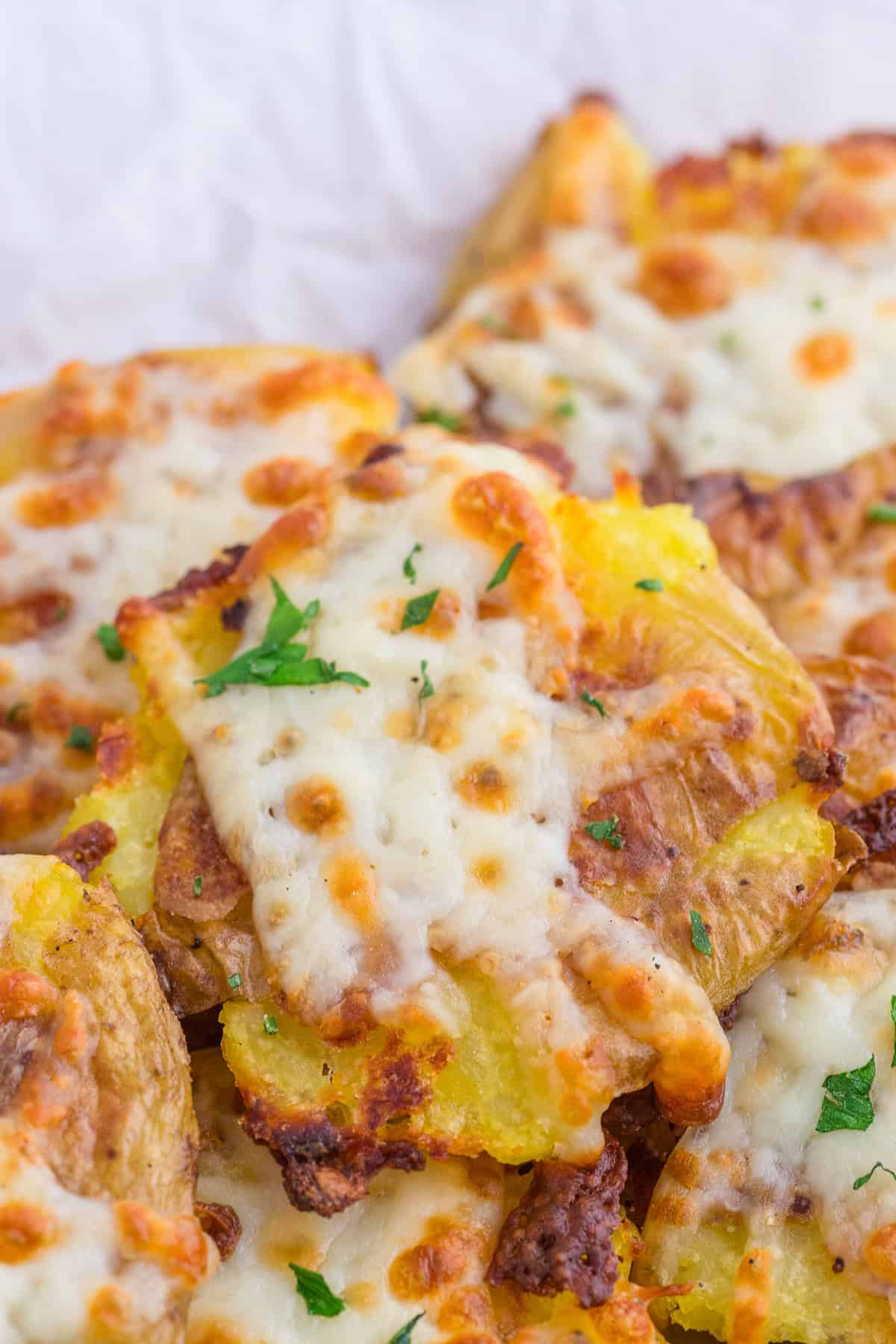 smashed potatoes close up.