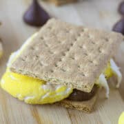 A s'more with a yellow marshmallow and chocolate between graham crackers on a wooden surface.