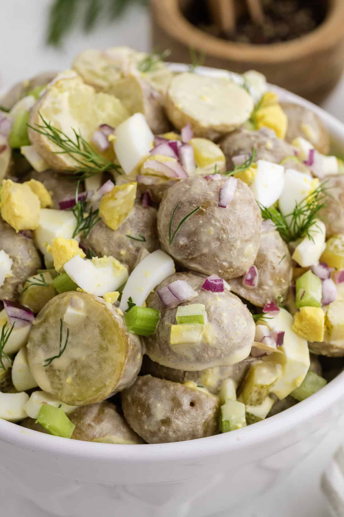 A bowl of potato salad with sliced baby potatoes, chopped hard-boiled eggs, red onion, celery, and fresh dill.