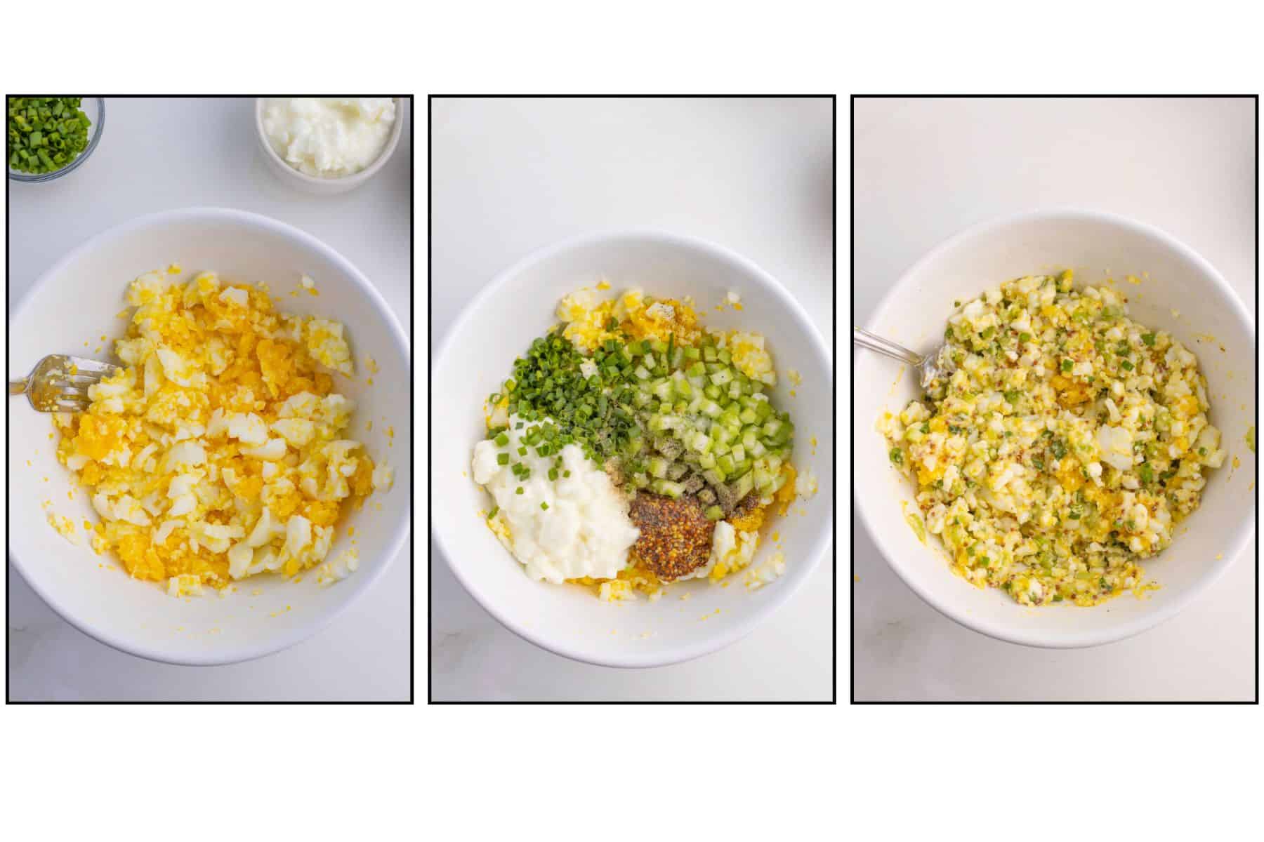 Three side-by-side images show the steps of making egg salad: mashed eggs, added vegetables and condiments, and the final mixed egg salad in white bowls.