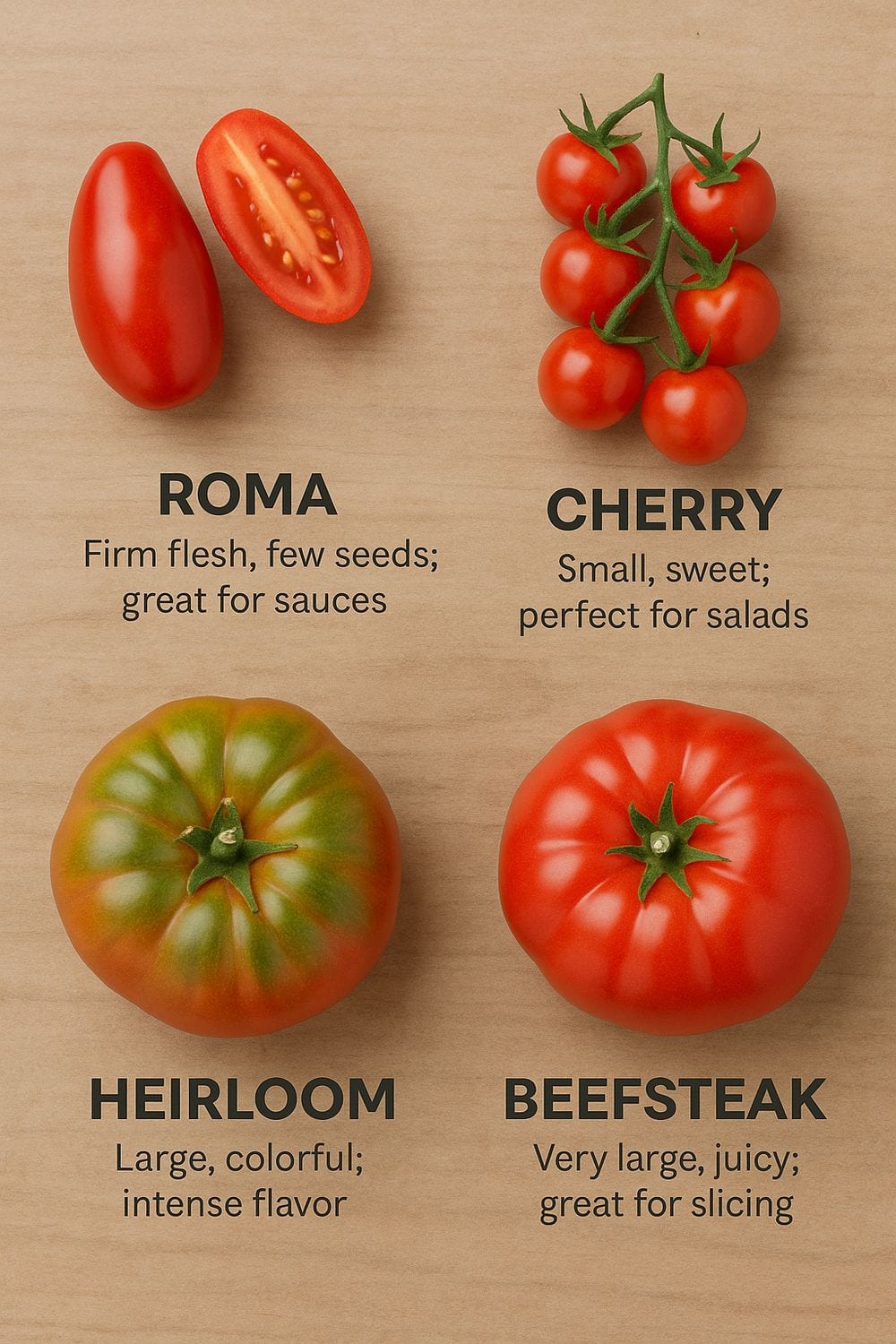 Four types of tomatoes are shown: Roma, Cherry, Heirloom, and Beefsteak, each labeled with brief descriptions of their characteristics and best uses.