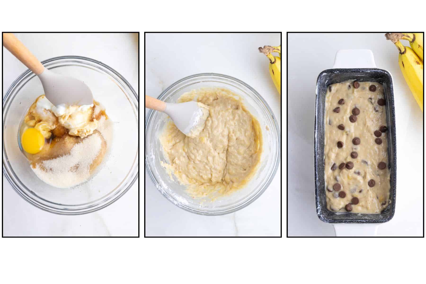 Three-panel image: mixing banana bread ingredients in a bowl, stirring batter, then batter in a loaf pan topped with chocolate chips, ready to bake.