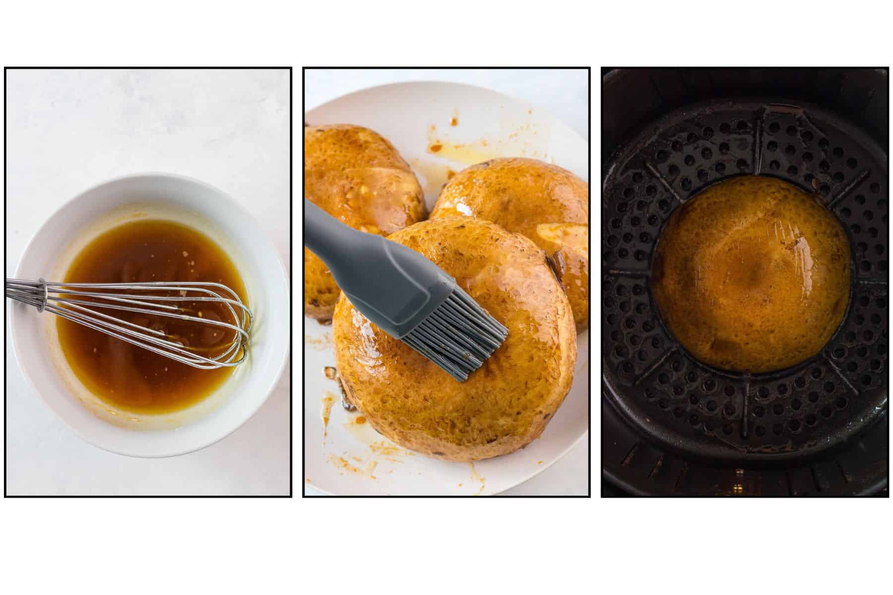 Three-panel image: honey mixture in a bowl with a whisk, mixture being brushed onto a bun, and a bun in an air fryer basket.