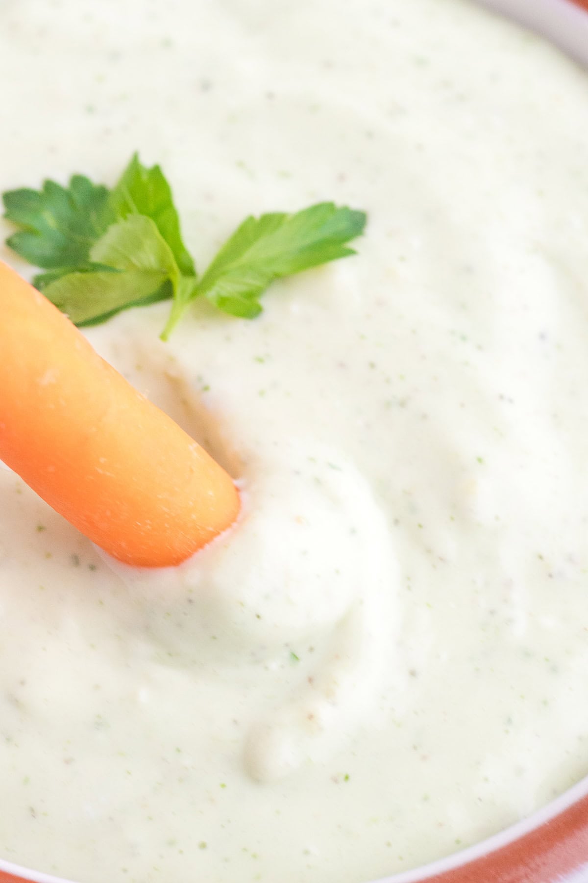 A carrot stick dipped into a ranch dip garnished with fresh parsley.