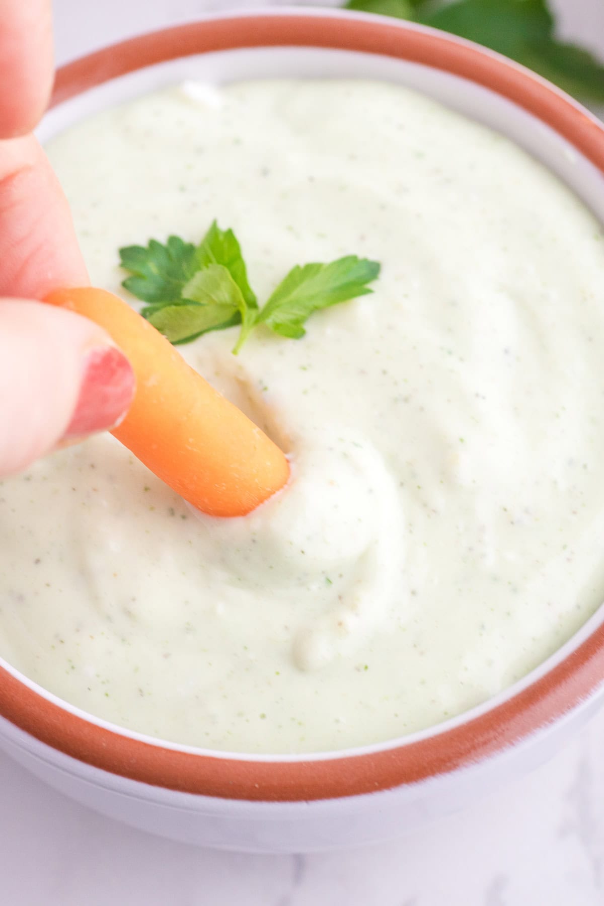 A hand dips a baby carrot into a bowl of creamy white dip garnished with parsley.