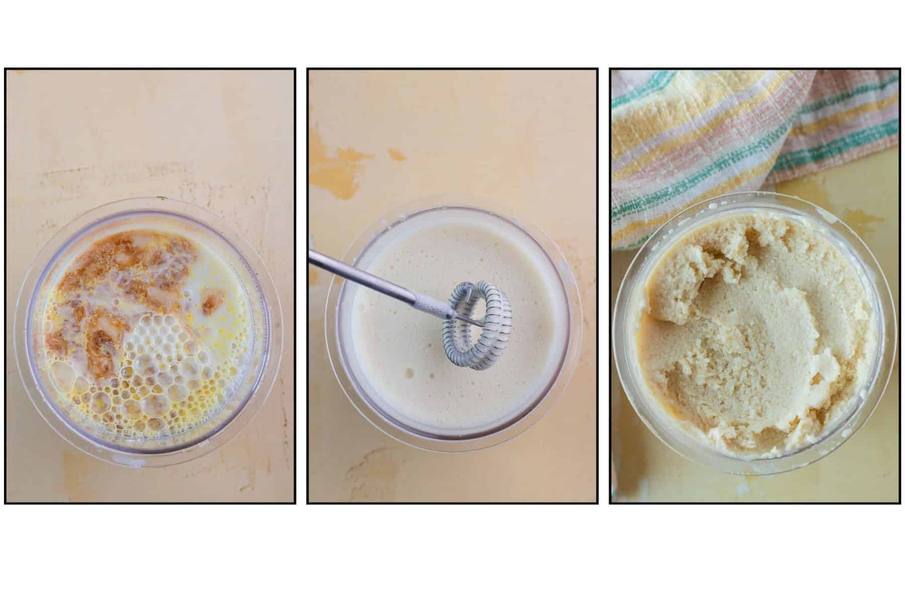 Three side-by-side images showing: ingredients in a cup, a whisk mixing them, and the final result-a thick, creamy mixture in a cup.
