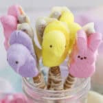 Colorful marshmallow bird and bunny candies on chocolate-coated pretzel sticks arranged in a glass jar.