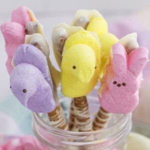 Colorful marshmallow bird and bunny candies on chocolate-coated pretzel sticks arranged in a glass jar.
